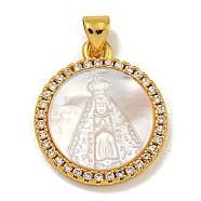 Rack Plating Brass Micro Pave Clear Cubic Zirconia Flat Round Pendants, Carved Natural White Shell Nossa Senhora Aparecida Charms, Golden, Virgin, 22.5x19x3.5mm, Hole: 5X2.5mm(KK-U025-10G-08)