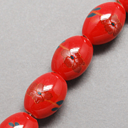 Handmade Printed Porcelain Beads, Oval, Red, 11x11x8mm, Hole: 3mm(PORC-Q147-8mm-07)