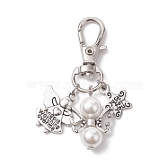 Angel & Star Pendant Decoration, with Shell Pearls Beads and Alloy Swivel Lobster Claw Clasps, Antique Silver & Platinum, 54mm(HJEW-JM01868)