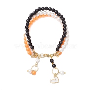 6mm Round Shell Pearl & ABS Plastic Imitation Pearl Tree-Color Multi-Strand Bracelets for Women, with Brass Heart Charms, Colorful, Inner Diameter: 2-1/2 inch(6.3cm)(BJEW-JB10493)