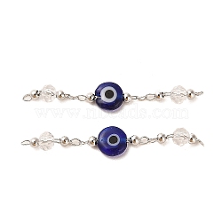 Handmade Evil Eye Lampwork with Glass Handmade Beaded Links Connectors, with Rack Plating Real Platinum Plated Brass Findings, Marine Blue, 36mm, Hole: 1mm(KK-M266-09P-01)