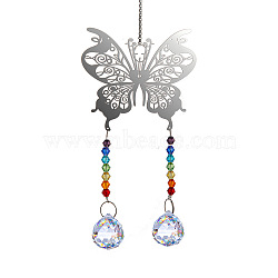 Glass Big Pendant Decorations, Hanging Suncatchers, with Metal Butterfly Link for Garden Decoration, Round, 450mm(PW-WG93505-03)