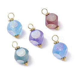 Electroplated Crackle Glass Pendants, with Brass & Alloy Findings, Frosted, Cube, Golden, Mixed Color, 21x12mm, Hole: 3~4mm(PALLOY-JF01185)