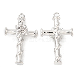 Brass Pendants, Cross with Rose Charm, Real Platinum Plated, 25x15x5.5mm, Hole: 1.4mm(KK-G468-45P)