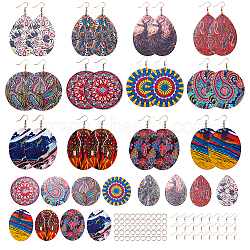 SUNNYCLUE DIY Dangle Earrings Making, with Printed Wooden Big Pendants, Brass Earring Hooks and Iron Jump Rings, Oval/teardrop,/Flat Round, Mixed Color, about 98pcs/set(DIY-SC0009-61)
