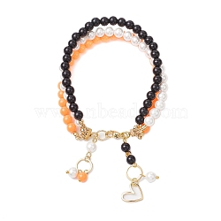 6mm Round Shell Pearl & ABS Plastic Imitation Pearl Tree-Color Multi-Strand Bracelets for Women, with Brass Heart Charms, Colorful, Inner Diameter: 2-1/2 inch(6.3cm)(BJEW-JB10493)