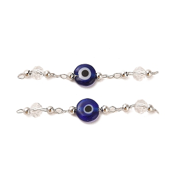 Handmade Evil Eye Lampwork with Glass Handmade Beaded Links Connectors, with Rack Plating Real Platinum Plated Brass Findings, Marine Blue, 36mm, Hole: 1mm