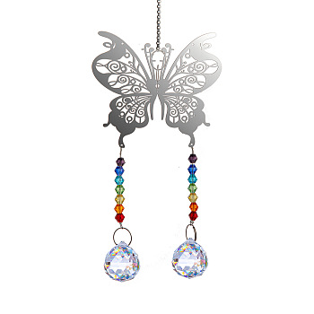 Glass Big Pendant Decorations, Hanging Suncatchers, with Metal Butterfly Link for Garden Decoration, Round, 450mm