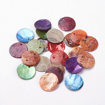 Shell Pendants, Dyed, Flat Round, Mixed Color, 15x1~1.5mm, Hole: 1.5mm, 144pcs/gross