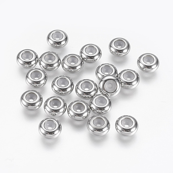 201 Stainless Steel Beads, with Rubber Inside, Slider Beads, Stopper Beads, Rondelle, Stainless Steel Color, 7x3.5mm, Rubber Hole: 1mm