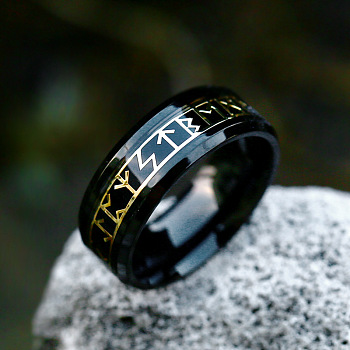 Titanium Steel  Words Finger Rings, Rune Words Odin Norse Viking Amulet Jewelry, Electrophoresis Black, US Size 9(18.9mm)