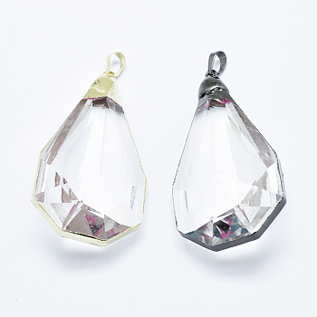 Glass Big Pendants, with Brass Findings, Faceted, teardrop, Mixed Color, 71x34x21mm, Hole: 5x8mm