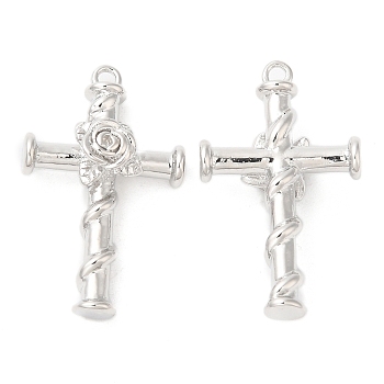 Brass Pendants, Cross with Rose Charm, Real Platinum Plated, 25x15x5.5mm, Hole: 1.4mm