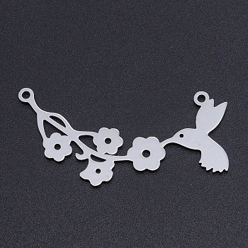 201 Stainless Steel Links connectors, Laser Cut Links, Flower with Bird, Stainless Steel Color, 40x19.5x1mm, Hole: 1.5mm