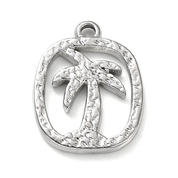 304 Stainless Steel Pendants, Oval with Coconut Tree Charm, Stainless Steel Color, 18.5x14x2mm, Hole: 1.6mm