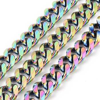304 Stainless Steel Cuban Link Chains, Faceted, Unwelded, Rainbow Color, 13.5~14x11.5~12x3mm