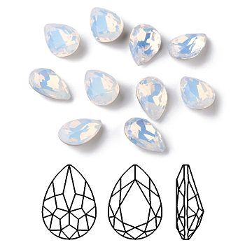 Faceted Teardrop K9 Glass Rhinestone Cabochons, Grade A, Pointed Back & Back Plated, White Opal, 10x7x4mm