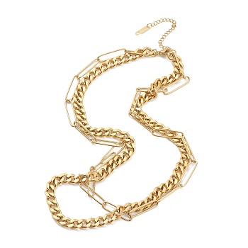 304 Stainless Steel Double Layer Necklaces, with Paperclip Chains & Curb Chains, Golden, 16.73 inch(42.5cm)