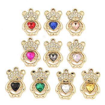 UV Plating Alloy Pendants, with Glass and Rhinestone, Bear, Mixed Color, 23x14x4.5mm, Hole: 2mm