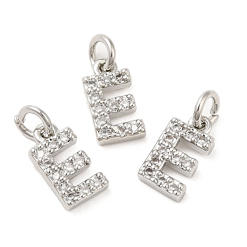 Brass Micro Pave Grade AAA Cubic Zirconia Charms, Letter E, Cadmium Free & Nickel Free & Lead Free, Real Platinum Plated, 9x4.5x1.5mm, Hole: 2mm