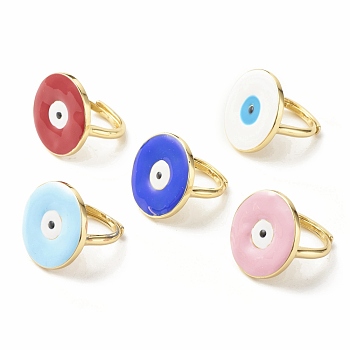 Enamel Evil Eye Adjustable Ring, Real 18K Gold Plated Brass Wide Band Ring for Girl Women, Cadmium Free & Lead Free, Mixed Color, US Size 6 1/2(16.9mm)