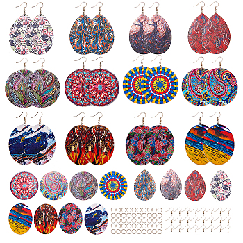 SUNNYCLUE DIY Dangle Earrings Making, with Printed Wooden Big Pendants, Brass Earring Hooks and Iron Jump Rings, Oval/teardrop,/Flat Round, Mixed Color, about 98pcs/set