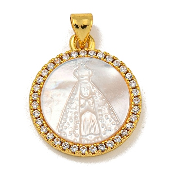 Rack Plating Brass Micro Pave Clear Cubic Zirconia Flat Round Pendants, Carved Natural White Shell Nossa Senhora Aparecida Charms, Golden, Virgin, 22.5x19x3.5mm, Hole: 5X2.5mm