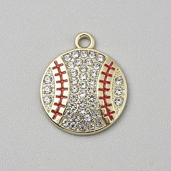 Alloy Rhinestone Pendants, with Enamel, Sports, Golden, Baseball, 22x18.5x3mm, Hole: 1.8mm