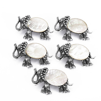 Elephant Alloy Rhinestone Brooch, Natural White Shell Lapel Pin with Loop for Backpack Clothes Pendant Jewelry, Cadmium Free & Lead Free, Antique Silver, Creamy White, 29x46x14mm, Hole: 7x4mm, Pin: 0.7mm