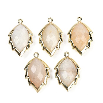 Natural Moonstone Faceted Leaf Pendants, Rack Plating Brass Charms, Golden, 23x13.5x5.5mm, Hole: 1.2mm