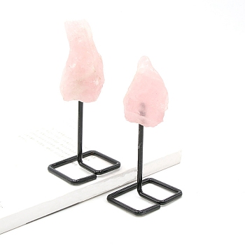 Rough Natural Rose Quartz Raw Rock Ornament with Metal Stand, for Home Office Decoration, 115~150x49mm