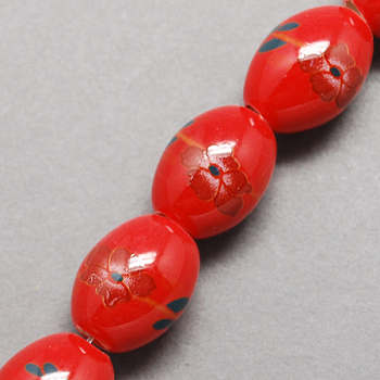 Handmade Printed Porcelain Beads, Oval, Red, 11x11x8mm, Hole: 3mm
