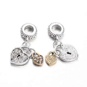 Heart Alloy Rhinestone European Dangle Charms, Large Hole Pendants, Antique Silver & Antique Golden, Crystal, 26mm, Hole: 4.5mm