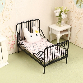 Mini Iron Children's Bed & Pillow, Micro Landscape Home Dollhouse Accessories, Pretending Prop Decorations, Cat Shape, 115x70x80mm