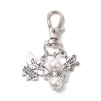 Angel & Star Pendant Decoration, with Shell Pearls Beads and Alloy Swivel Lobster Claw Clasps, Antique Silver & Platinum, 54mm
