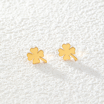 Stainless Steel Stud Earring, Clover, Real 18K Gold Plated, 7x9mm