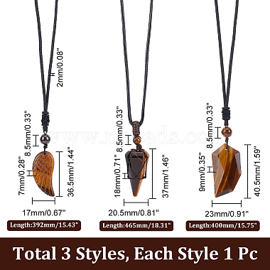 3Pcs 3 Style Natural Tiger Eye Wing & Cone & Dagger Pendant Necklaces Set with Polyester Rope for Men Women(NJEW-GL0001-02)-2