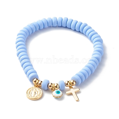 Stretch & Beaded & Link Chain Bracelets Sets, with Handmade Polymer Clay  Beads, Brass Pendant, Alloy Links, Cornflower Blue, Inner Diameter: 2-5/8  inch(6.8cm), 7.48 inch(190mm), 7.28 inch(185mm), 3pcs/set
