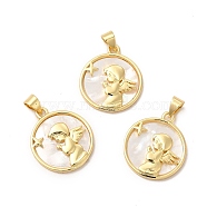 Rack Plating Brass with Shell Pendants, Flat Round with Angel Charms, Cadmium Free & Lead Free, Real 18K Gold Plated, 21x18x3mm, Hole: 3x5mm(KK-B068-32G)
