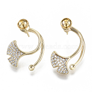 Brass Micro Pave Cubic Zirconia Stud Earring Settings, for Enamel and Half Drilled Beads, Nickel Free, Ginkgo leaf, Clear, Real 18K Gold Plated, 24x13mm, Pin: 0.8mm, Pin: 0.8mm(for half drilled beads)(KK-N232-38B-NF)