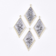 Polyester Thread Woven Big Pendants, with Glass and Golden Plated Alloy Findings, Long-Lasting Plated, Rhombus, Gray, 55.5x31x4mm, Hole: 1.8mm(FIND-S319-15E)