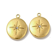 304 Stainless Steel Pendants, with Crystal Rhinestone, Flat Round with Star Charms, Real 14K Gold Plated, 16x12x3mm, Hole: 1.5mm(STAS-L022-051G)