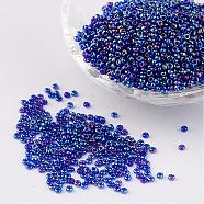 12/0 Grade A Round Glass Seed Beads, Transparent Colours Rainbow, Royal Blue, 2x1.5mm, Hole: 0.9mm, about 3300pcs/50g(X-SEED-Q010-F544)