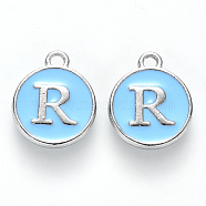 Platinum Plated Alloy Enamel Charms, Cadmium Free & Lead Free, Enamelled Sequins, Flat Round with Letter, Sky Blue, Letter.R, 14x12x2mm, Hole: 1.5mm(ENAM-S118-04R-P)