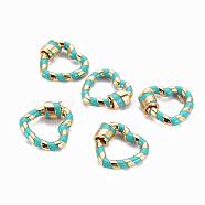 Brass Screw Carabiner Lock Charms, for Necklaces Making, with Enamel, Nickel Free, Heart, Real 18K Gold Plated, Teal, 18x19.5x3~5.5mm(KK-T046-002C-NF)