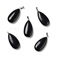 Synthetic Blue Goldstone Pendants, with Platinum Tone Brass Findings, Teardrop, 33x15x7~7.5mm, Hole: 5x3.5mm(G-P474-01P-03)