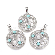 Synthetic Turquoise Pendants, with Platinum Tone Brass Findings and Crystal Rhinestone, Flat Round, 29x25.5x4.5mm, Hole: 4.5x8mm(G-L512-T19)