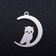 201 Stainless Steel Pendants, Crescent Moon with Owl, Stainless Steel Color, 23.5x17.5x1mm, Hole: 1.5mm(STAS-Q201-JN291-1)