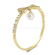 Rack Plating Brass Pave Cubic Zirconia Bowknot Hinged Bangles for Women, with Round Plastic Imitation Pearl, Real 18K Gold Plated, Cadmium Free & Lead Free, Long-Lasting Plated, Clear, Inner Diameter: 2-3/8 inch(6cm)(BJEW-R317-03G-03)
