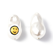 Shell Enamel Beads, Oval with Smiling Face, White, 21~21.5x12.5~13x12mm, Hole: 1~1.2mm(BSHE-G032-01A)